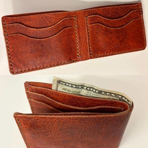 Cartera plegable de cuero hecha a mano, cosida a mano, personalizada, de cuero marrón, estilo masculino, personalizada.