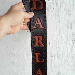 LONG Personalized Black Leather Guitar Strap with Antiqued Letters, Handcrafted Custom Leather Guitar or Bass Strap, Bespoke Guitar Strap