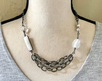White Opal Stone Multi Chain Necklace, Statement Necklace, Avant Garde Necklace