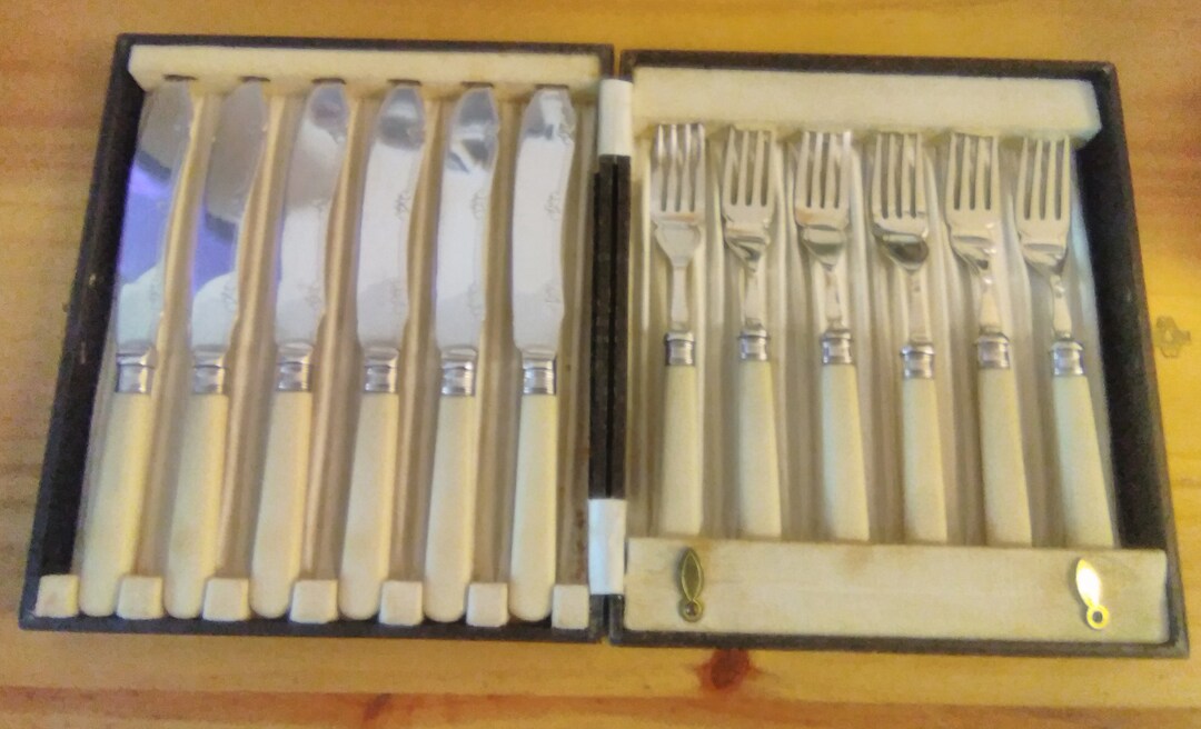 Vintage Fish Knife and Fork Set Boxed Sterling Silver and Silver Plate