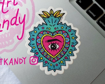 Sacred Heart Sticker// Waterproof Sticker//Corazon Sagrado//Third Eye Sticker//Frida Kahlo Sticker//Corazon Sticker//Mexican Sticker