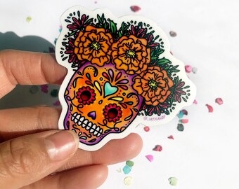 Sugar Skull Sticker: Dia De Los Muertos, Marigold Crown (3in)