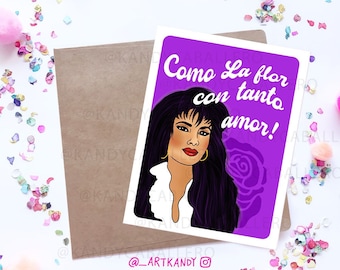 May include: A purple card with a cartoon illustration of a woman with long black hair and a white shirt. The text on the card reads "Como La flor con tanto amor!" and includes the social media handle "@_ARTKANDY".