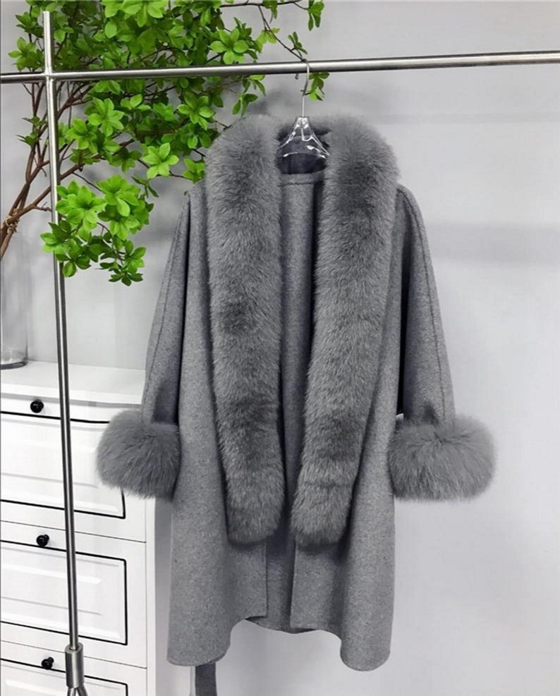 Real Fox Fur Collar & Cuffs Cashmere Wool Coat Women Girl | Etsy