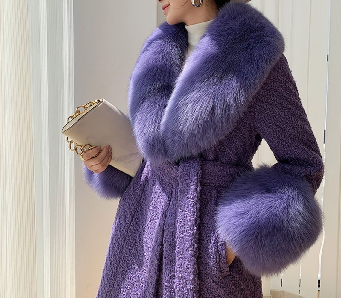 Women Real Fox Fur Collar & Cuffs Tweed Coat - Etsy