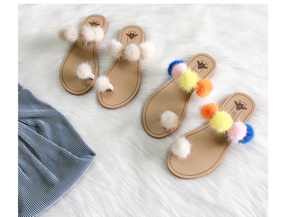 sandals with fluffy pom poms