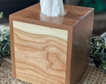 Handmade Cherry Wood Cube Tissue Box Cover - Rustic Farmhouse Decor