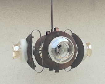 Vintage Space Age Chandelier, Brass Glass, Mid Century Modern, Retro Lighting, Ceiling Light, 70s