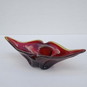Mid Century Modern Glass Bowl, by Dragan Drobnjak, Yugoslavia 70s, Vintage Murano Bowl, Home Decor Glass, Handmade, Maroon Glass Sculpture