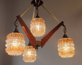 Mid Century Modern Chandelier Light, Four Amber Transparent Glass Shades, Made in Yugoslavia in the 60s, Scandinavian Style Chandelier