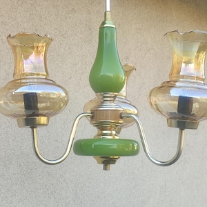 Vintage Ceiling Lamp, Three Arm Green Chandelier Light, Mid Century Pendant Light, 50s Light, Metal Glass Chandelier Light, Retro Light