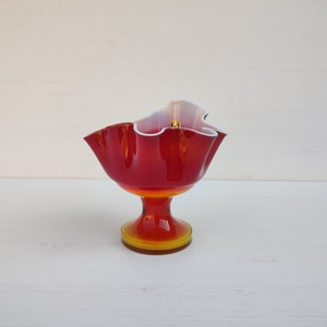 Mid Century Blown Glass Bowl by Dragan Drobnjak Made in Yugoslavia, Vintage Red and Yellow Fazaletto Glass Bowl, Footed Glass Bowl, 70s