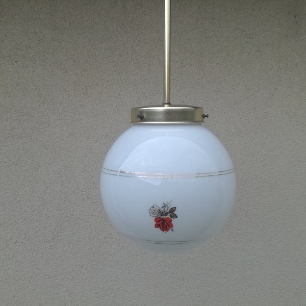 Mid Century Pendant Light, Ceiling Globe Opaline Glass, 50's Yugoslavia, Retro Ceiling Light Ball, Floral Decor Glass, Home Decor Lamp