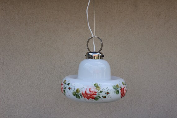 Vintage White Flower Glass Light, Kitchen Pendant Light, Mid-century Light, Home Decor Light, Floral Applications, Space Age Light, 70s