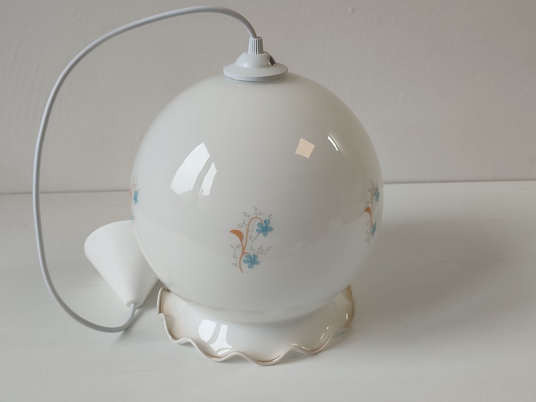Vintage Pendant Light, Hanging White Lamp, Globe Flower Glass Light