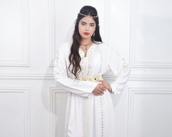 Moroccan White Kaftan , kaftan for wedding. , Party Wear Dress , Velvet kaftan , Moroccan dress , Golden embriodery , long dress.