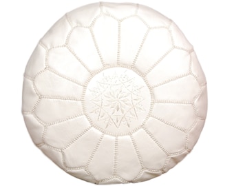 Moroccan Leather Pouffe, White Pouffe, Living room pouf,  footstool, Leather pouffe, Handmade Pouf, Pouffe, chairs ottomans.