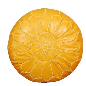 Moroccan Leather Pouffe, Yellow Pouffe, Living room pouf, footstool, Leather pouffe, Handmade Pouf, Pouffe, chairs ottomans.