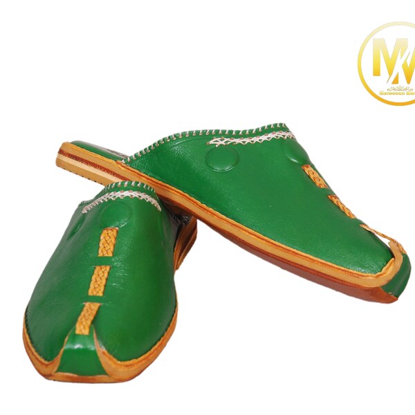 Moroccan Green Babouche, Men's slippers, Handmade shoes, Leather Shoes, Organic Leather, Berber slipper, Mules, Hand dyed, gift for him.