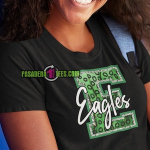 Letter E | White Eagles | Green Outline | Green, Black, Gold | Leopard Patten | School Sport Spirt Sublimation | 300DPI PNG Digital Download