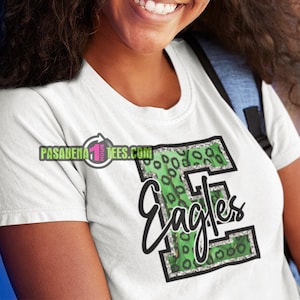 Letter E | Black Eagles | Green, Black, Gold | Leopard Patten | School Sports Spirt Sublimation | 300dpi PNG Digital Download