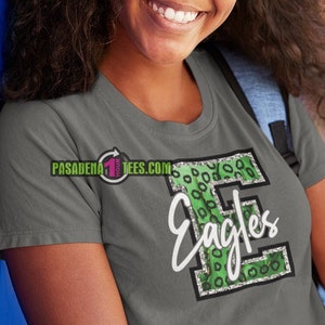 Letter E | White Eagles | Green, Black, Gold | Leopard Patten | School Sports Spirt Sublimation | 300 DPI PNG Digital Download