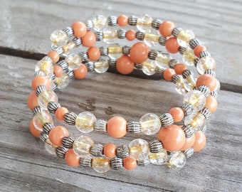 Orange memory wire bracelet with silver antique beads, Glass bead bracelet, stacked bracelet, boho wrap around bracelet