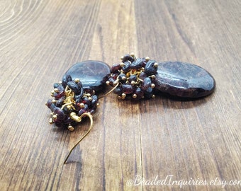 Garnet cluster earrings, garnet Chip beads, stainless steel earrings