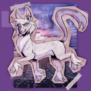 May include: A digital illustration of a white feline creature with purple eyes and sharp features, depicted in a sketch style with dark outlines. The creature is layered over a rectangular photograph of a sunset over the ocean with purple tones.