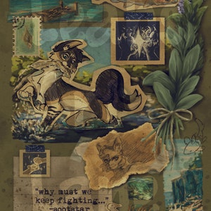 Puede incluir: Una obra de arte estilo collage con una ilustración de gato en un río, un pez y elementos de la naturaleza. La obra incluye una cita, "why must we keep fighting..." y una ilustración de gaviota. La paleta de colores es apagada con tonos marrones, verdes y azules.
