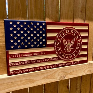 US Navy Military Plaque - Personalized Wood Engraved Wall Plaques - American Flag Colors