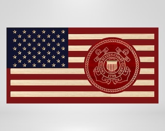 Placa militar de la Guardia Costera de EE. UU. - Placas de pared personalizadas grabadas en madera - Colores de la bandera estadounidense