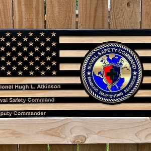 Custom Squadron/Unit Emblem Plaque - Personalized Military Going Away Gift - Solid Wood Engraved American Flag - Military PCS Gift