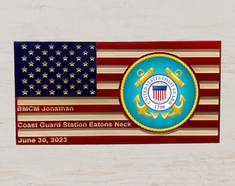 USCG Personalized Military Plaque American Flag Colors - Full Color Emblem