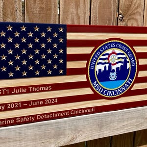 Custom Squad/Unit Emblem Plaque - Personalized Military Going Away Gift - Solid Wood Engraved American Flag - Military PCS Gift