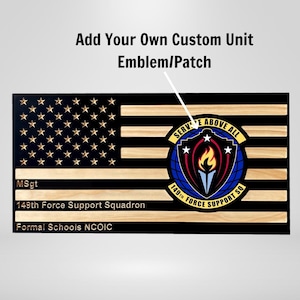 Custom Squad/Unit Emblem Plaque - Personalized Military Going Away Gift - Solid Wood Engraved American Flag - Military PCS Gift