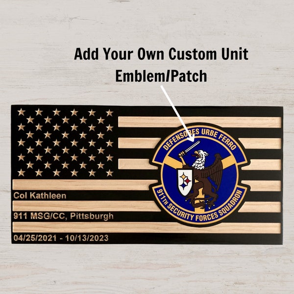 Custom Squad/Unit Emblem Plaque - Personalized Military Going Away Gift - Solid Pine Wood Engraved American Flag Design