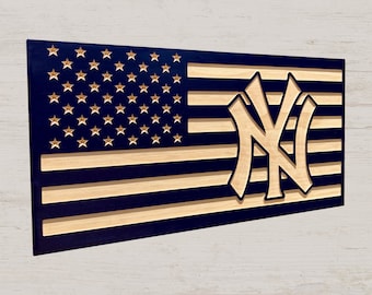 Handcrafted New York Yankees American Flag Wall Plaque - Solid Pine Wood Decor - Unique Yankees Baseball Fan Gift