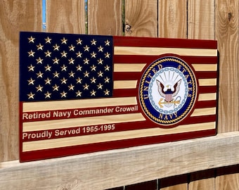 US Navy Military Plaque - Personalized Wood Engraved Wall Plaques - Colored Navy Emblem - American Flag Colors