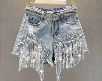 blue jean shorts with rhinestones