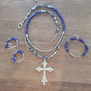 Beautiful Rhinestone Large Christian Church Cross Necklace Bracelet and Earring Set with Glass Crystals and Silver Findings Gift For Women