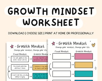May include: A printable worksheet with a pink and yellow heart design. The worksheet is titled "Growth Mindset" and includes a table with two columns labeled "Fixed Mindset" and "Growth Mindset". The table lists statements about fixed and growth mindsets.
