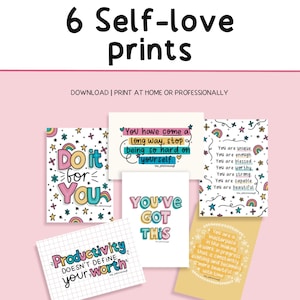 Set of 6 Selflove Prints wall art postcards print self-love A6 positive pack inspirational digial quotes