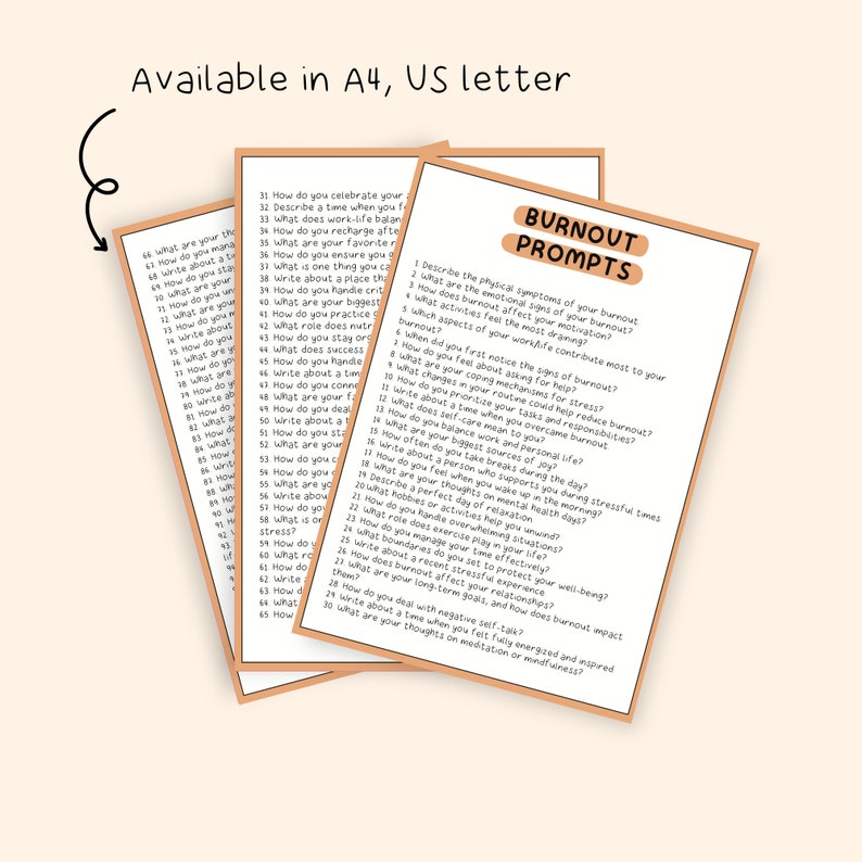 May include: A printable worksheet with prompts for self-reflection on burnout. The worksheet is titled "Burnout Prompts" and features a list of questions about the physical, emotional, and mental aspects of burnout.