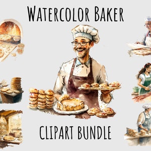 Watercolor Baker clipart PNG Printable bundle, Bakery, Store, Chef, patisserie, Dessert BakingClipart Instant Digital Download bundle