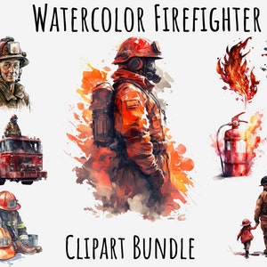 Watercolor Firefighter clipart png bundle, Fire clipart, Sublimation, Card making, Printable, Journaling, Fire truck, flames, extinguisher