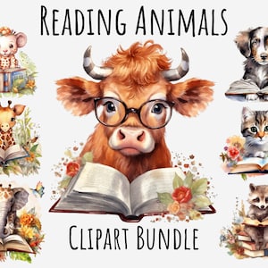 Watercolor Reading animals clipart, Back to school, Teacher clipart, Bookworm, Kids clipart, Cute animals, Printable Transparent png, Cricut