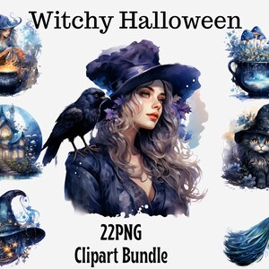 Watercolor Witchy Halloween Clipart PNG, Printable Graphics, Sublimation images, Witchcraft, Cauldron, Witch clipart, Broom, Witch Hat PNG