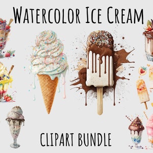 Aquarell Eis Clipart PNG Bundle, Eis am Stiel, Eis Schüssel, Dessert, Eistüte, Essen, Süßigkeiten druckbarer digitaler Download PNG