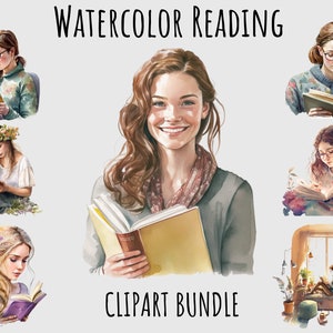 Watercolor Reading book Clipart PNG, Open Book Reader, Bookworm clipart, Vintage Books printable digital download bookish clipart bundle